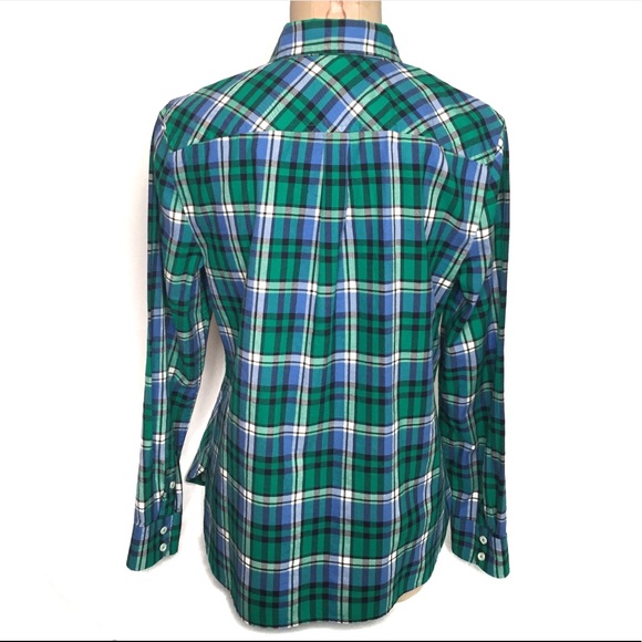 TALBOTS Button Down Shirt Cotton Long Sleeve Plaid Blue White Green Size MP - Picture 6 of 11